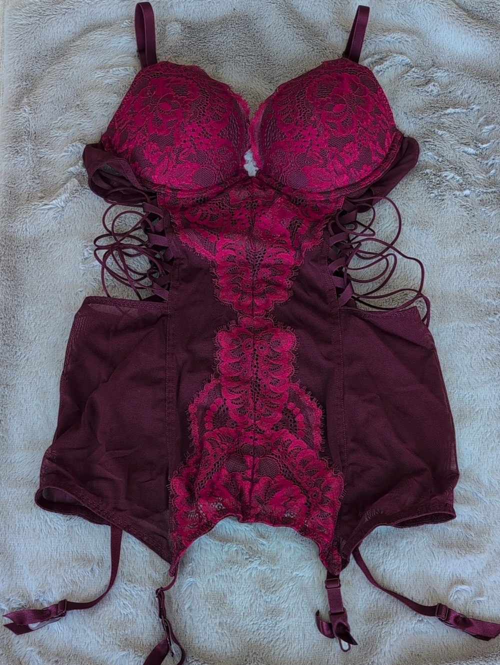 Lace Lace-Up Burgundy & Fuchsia Bodysuit Shapewear